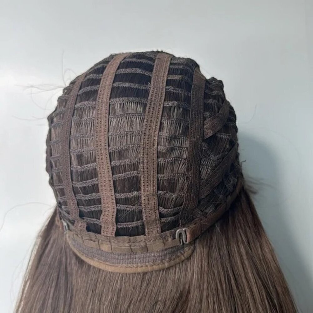 Light Ash Blonde Balayage Brown Roots long Hair Wig with Bangs 28 in Realistic - Picture 8 of 9